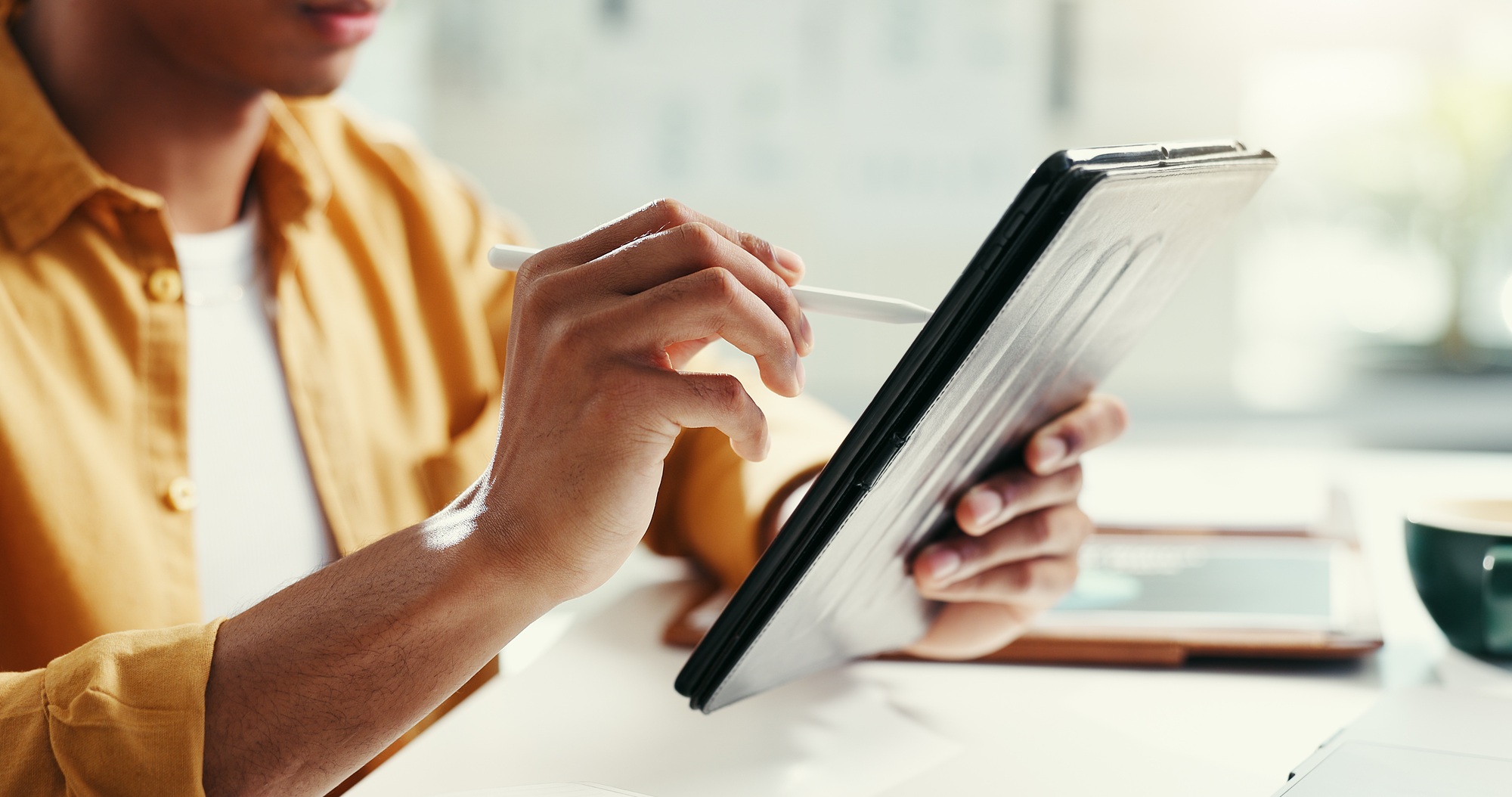 Hands, tablet and businessman in office for research on company data privacy for information protec